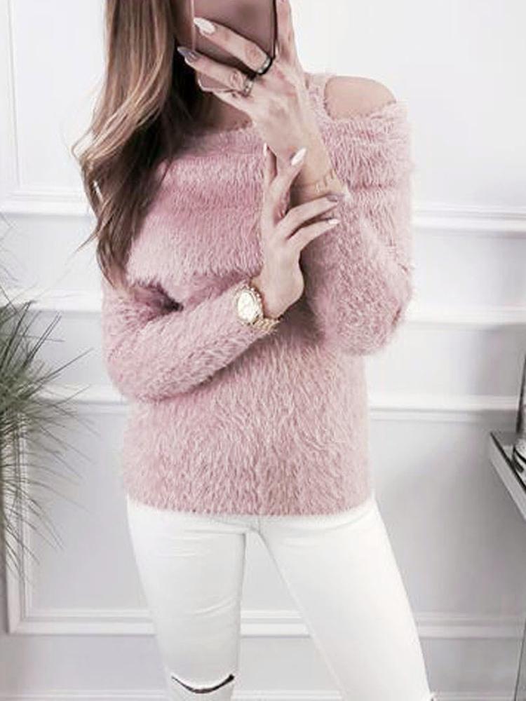 

Solid Fluffy Cold Shoulder Fold-Over Sweater