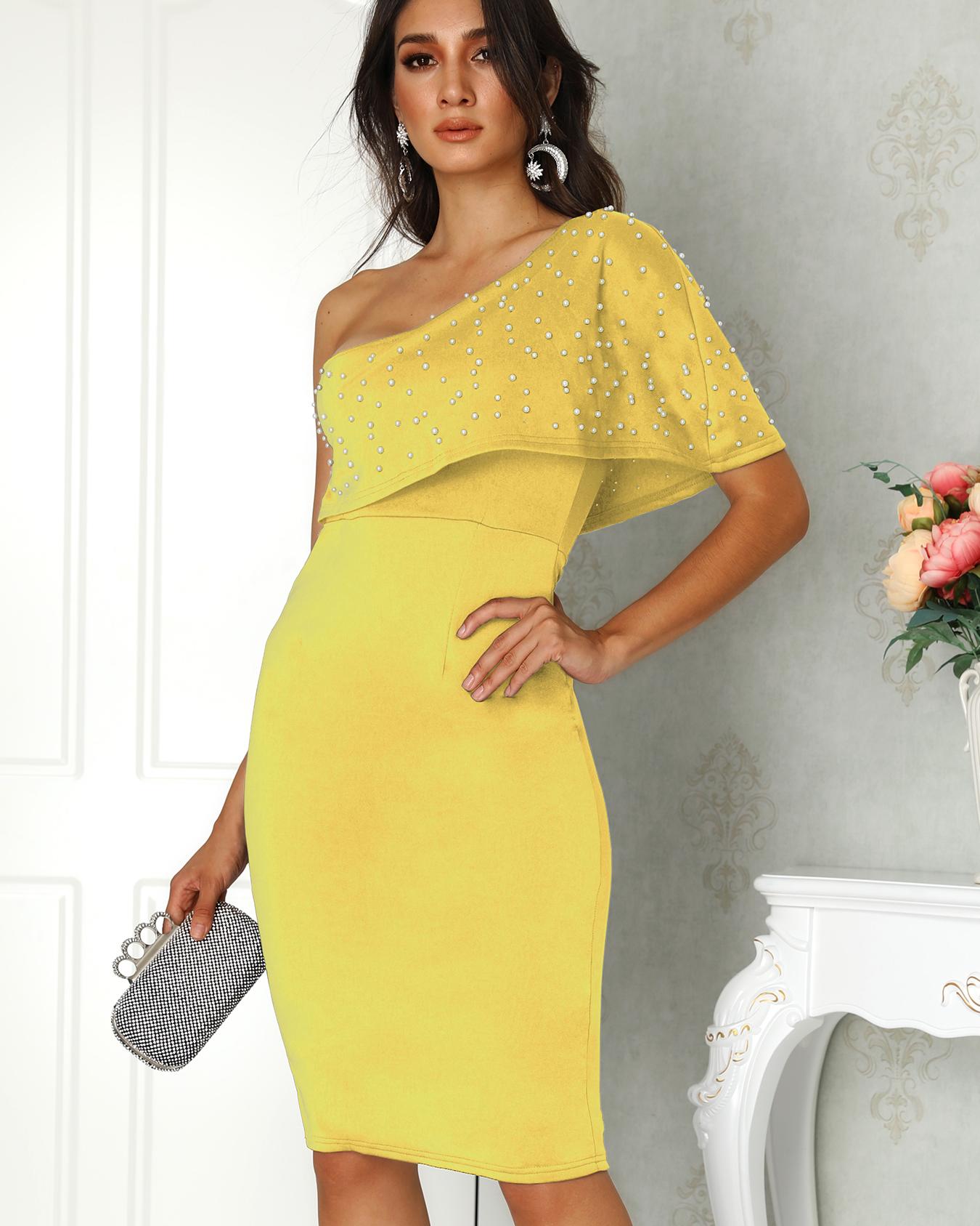 

Beaded Embellished One Shoulder Slit Bodycon Dress, Yellow