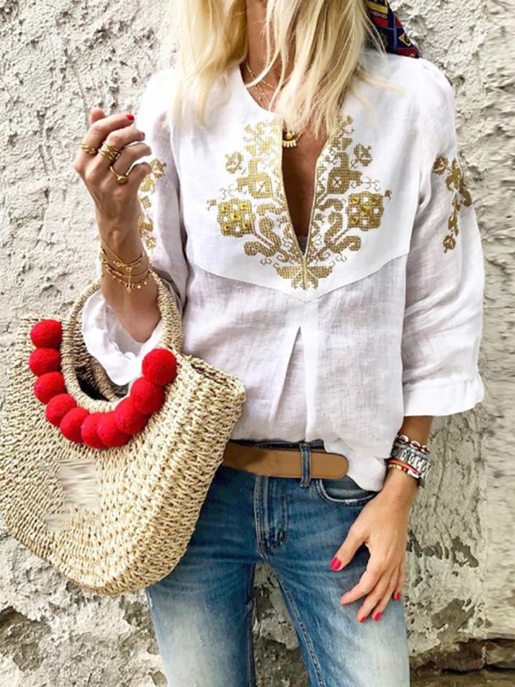 

Retro Print Deep V-Neck Casual Blouse, White