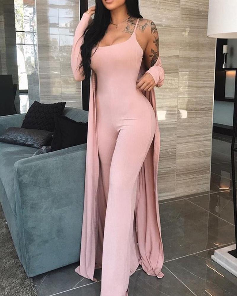 

Solid Long Sleeve Cami Top & Pant & Cover Up Sets, Pink