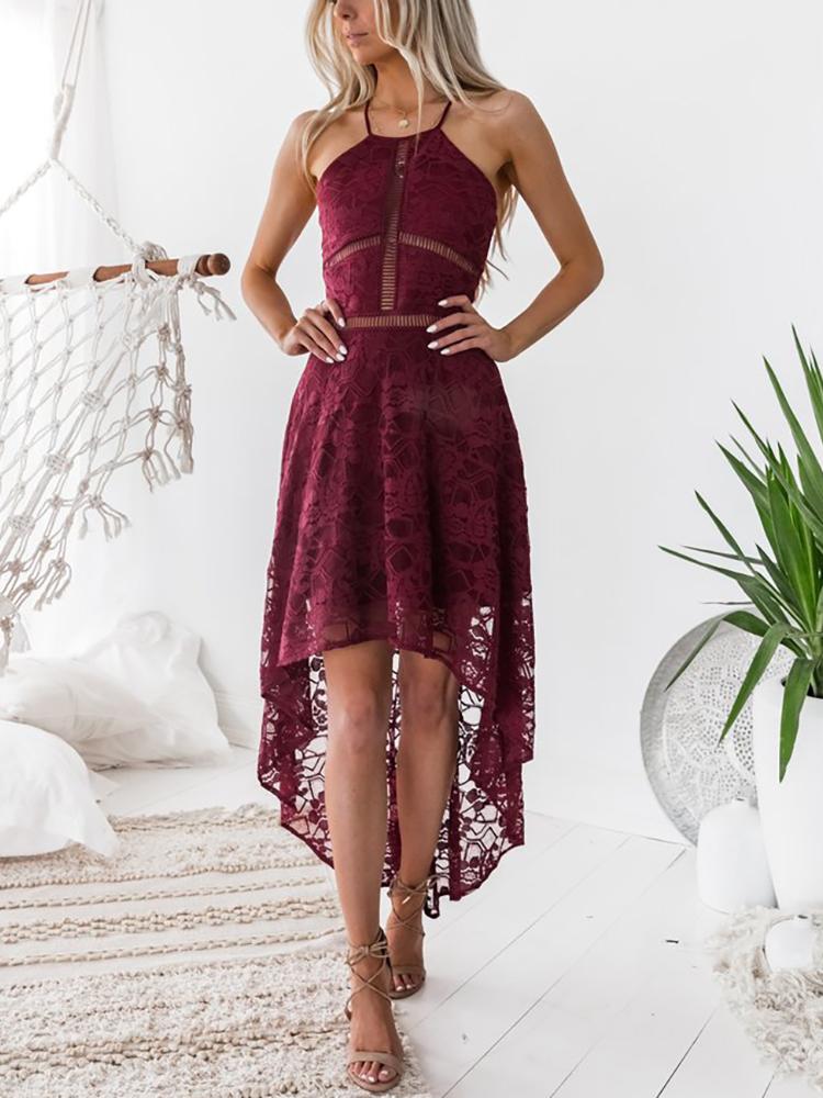 

Appliqued Double V Dip Hem Lace Dress, Wine red