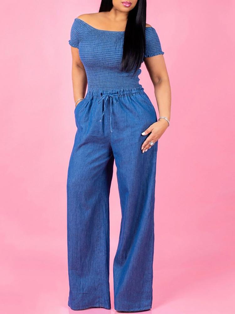 

Off Shoulder Shirring Drawstring Denim Jumpsuits, Blue