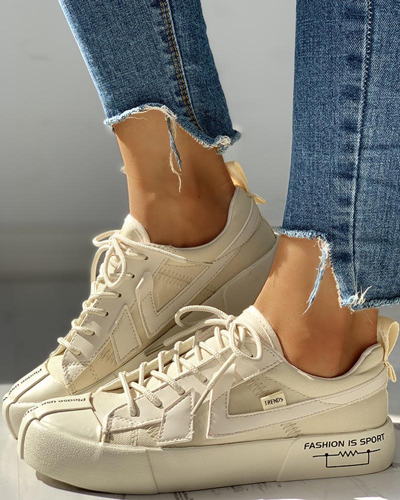 

Eyelet Lace-Up Patchwork Casual Sneakers, Beige