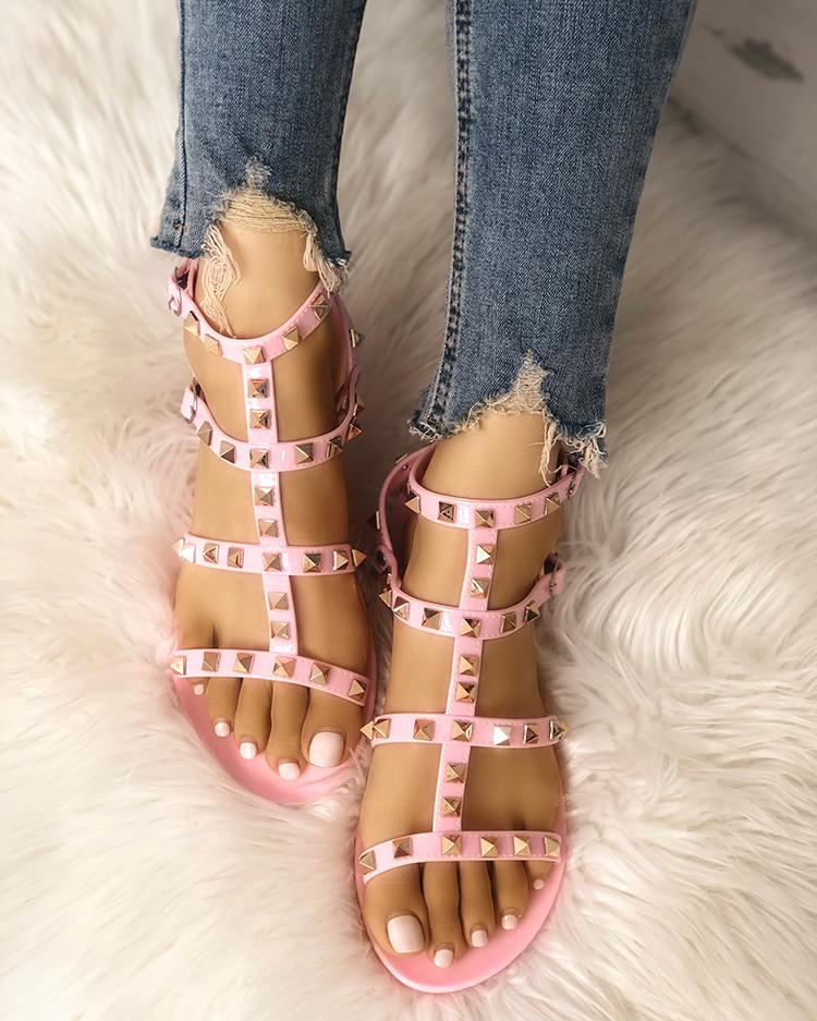 

Rivets Embellished Hollow Out Flat Sandals, Pink