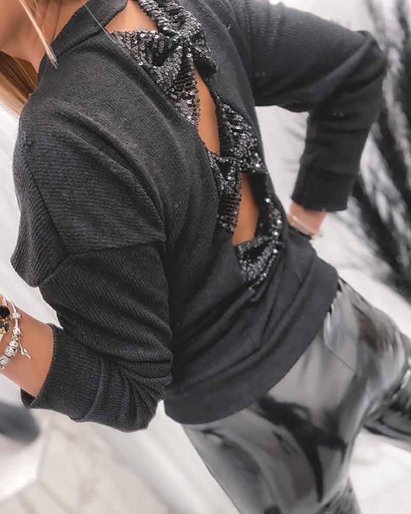 

Sequins Butterfly Backless Long Sleeve Top, Black
