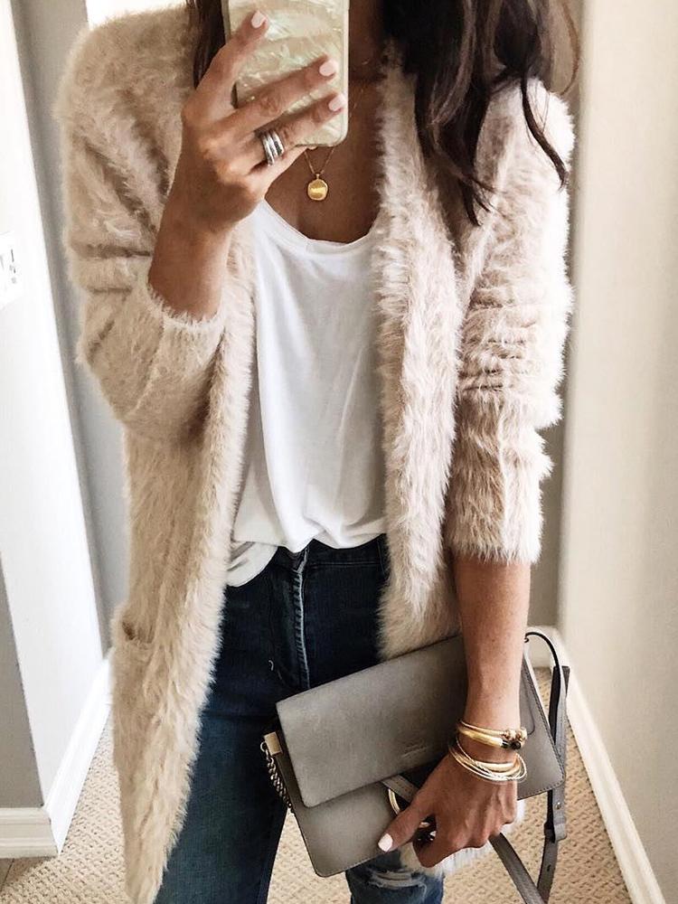 

Fluffy Open Front Pocket Design Coat, Beige