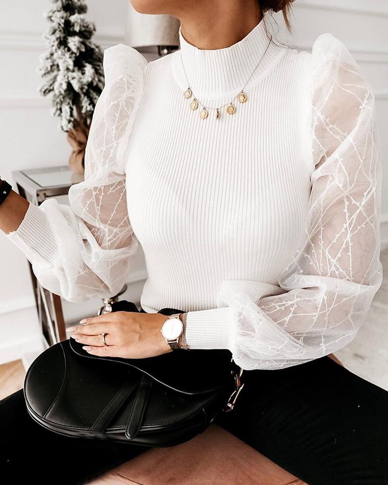 

Sequin Mesh Patchwork Ribbed Sweater, White