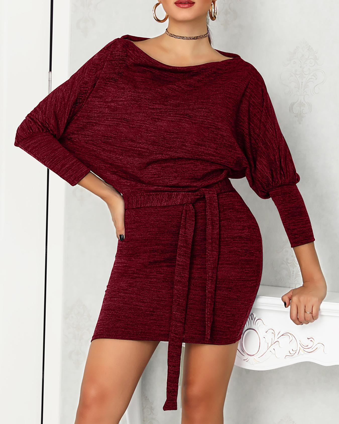 

Skew Neck Puffed Sleeve Belted Bodycon Dress, Dark red