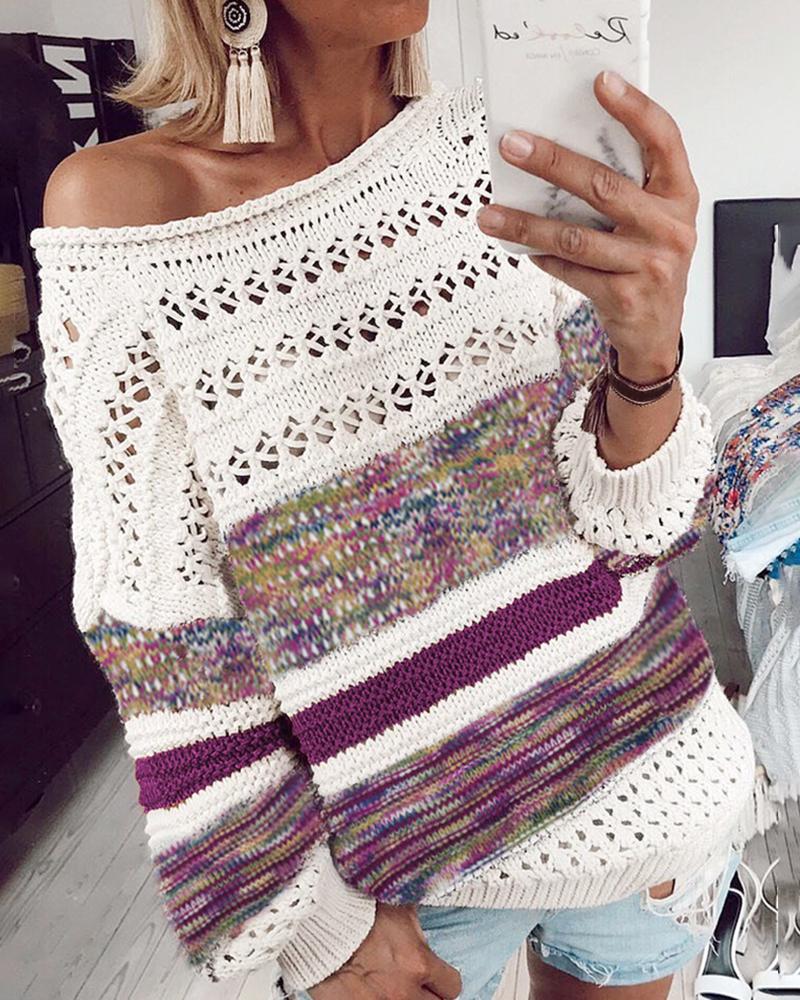 

Striped Colorblock Hollow Out Knit Sweater, Purple