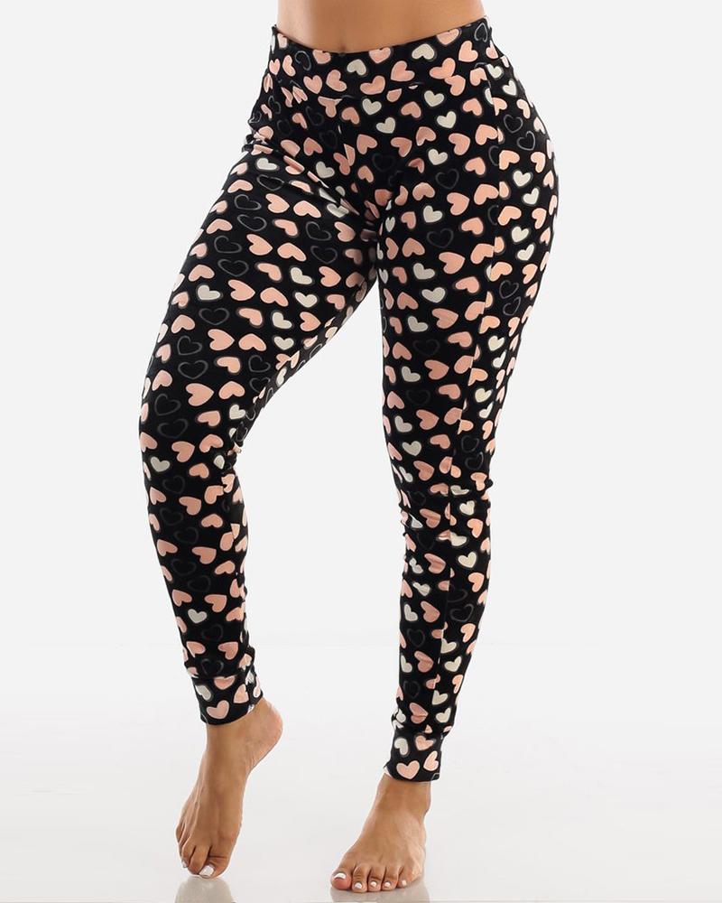 

Heart Print High Waist Skinny Pants, Black