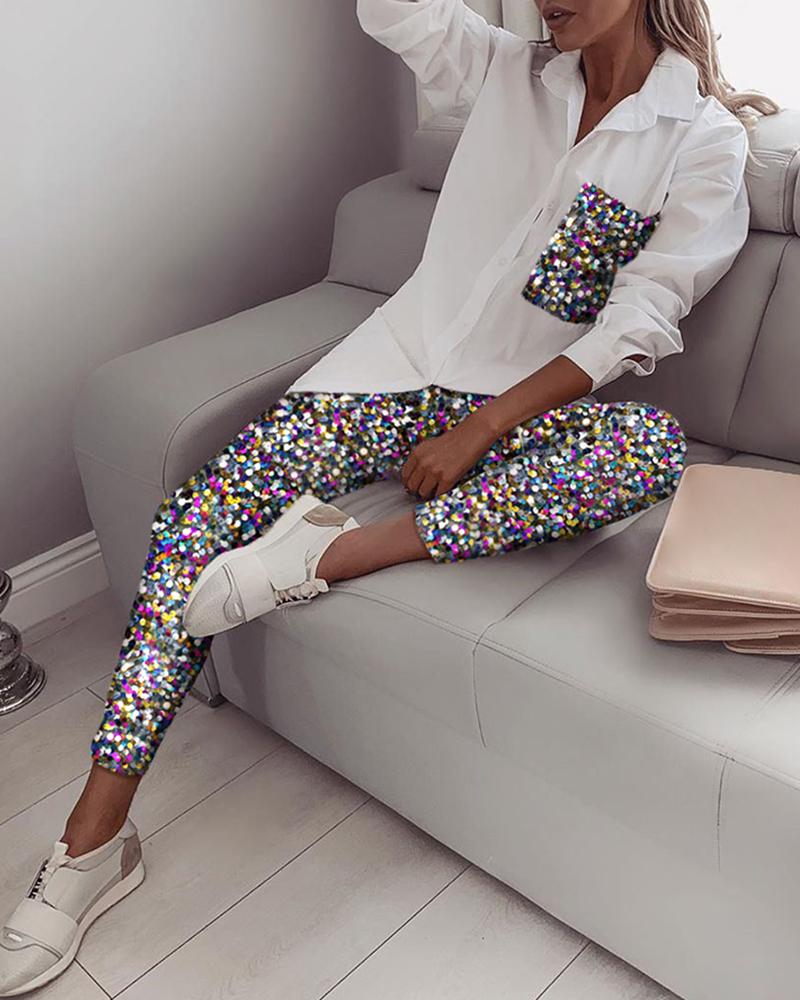 

Sequin Patch Long Sleeve Shirt & Pant Sets, Multicolor