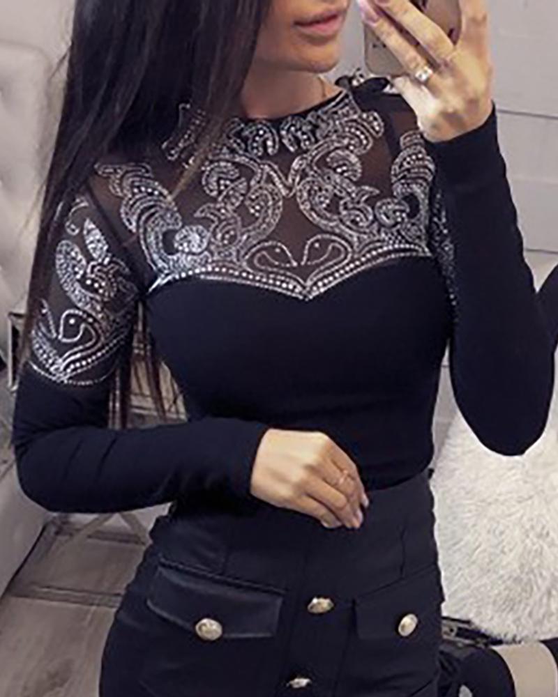 

Mesh Studded Long Sleeve Blouse, Black