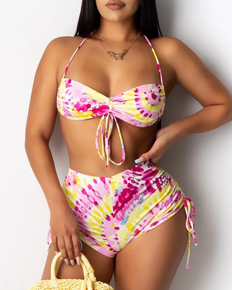 

Butterfly Tie Dye Print Halter Backless High Waist Bikini Sets, Pink