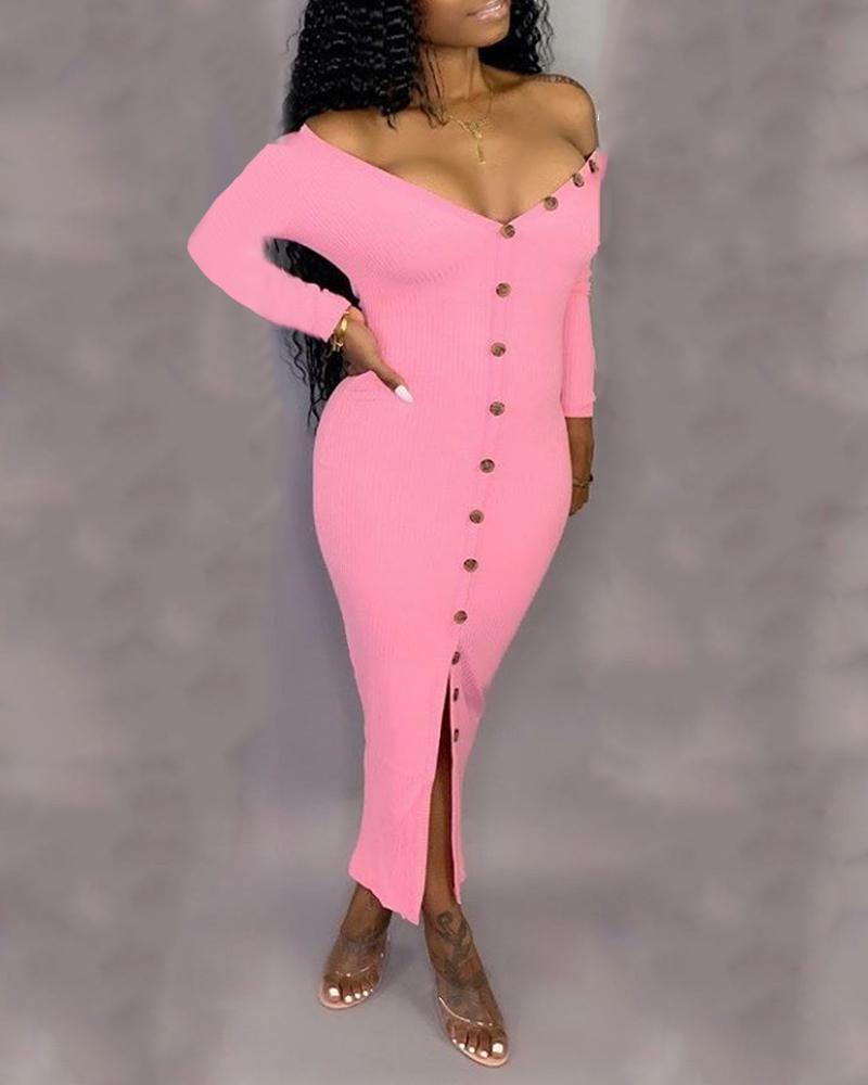 

V Neck Long Sleeve Button Design Dress
