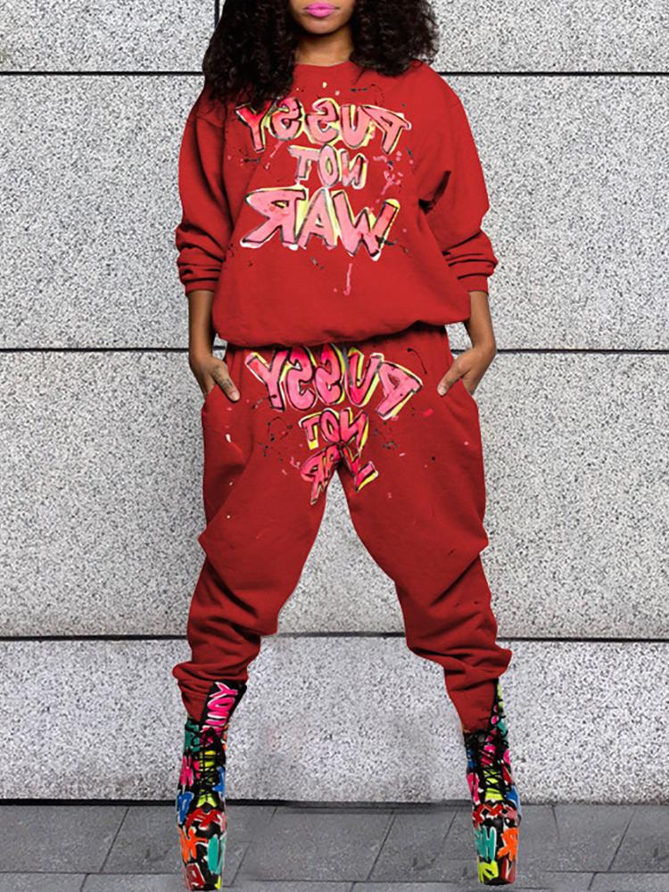 

Letter Print Pullover Casual Sweatshirt & Pant Sets, Red