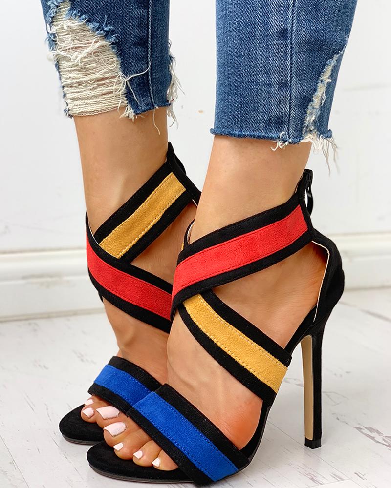 

Colorblock Zipper Back Thin Heeled Sandals, Multicolor