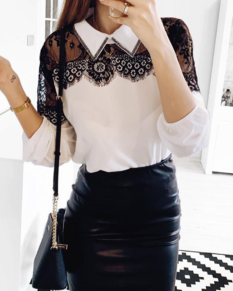 

Eyelash Lace Insert Long Sleeve Blouse, White