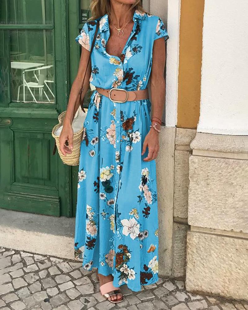 

Short Sleeve Floral Print Shirt Maxi Dress, Blue