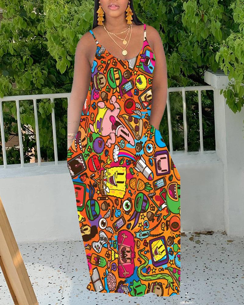 

Cartoon Print Pocket Design Maxi Dress, Orange