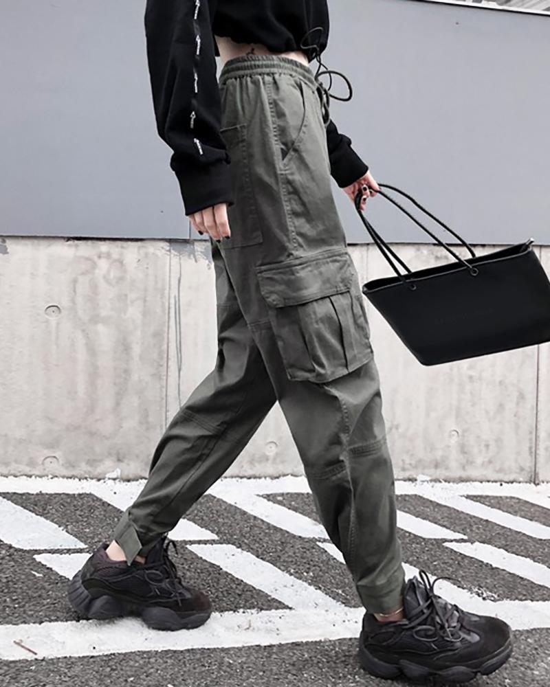 

Solid Drawstring Pockets Design Cargo Pants, Green