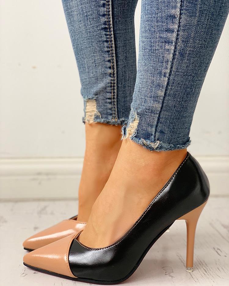

Pointed Toe Colorblock Insert Thin Heels, Khaki