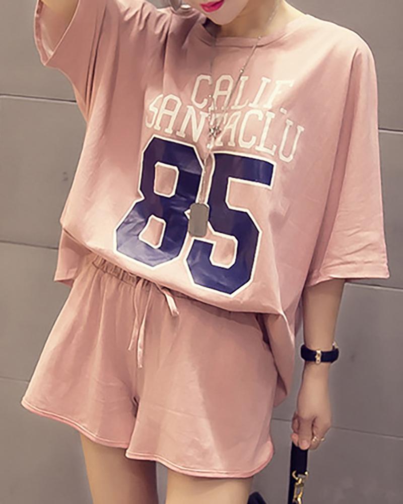 

Round Neck Letter Print Drawstring Pajamas Set, Pink