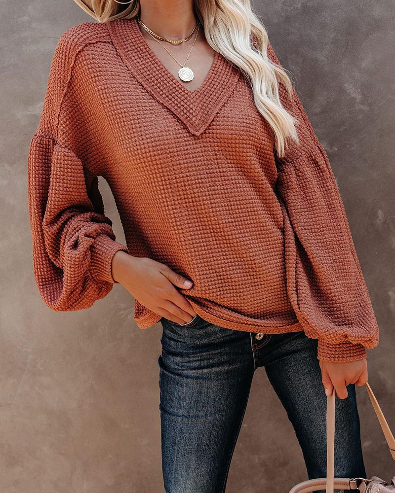 

Fashionable Solid Lantern Sleeve Sweater, Brown