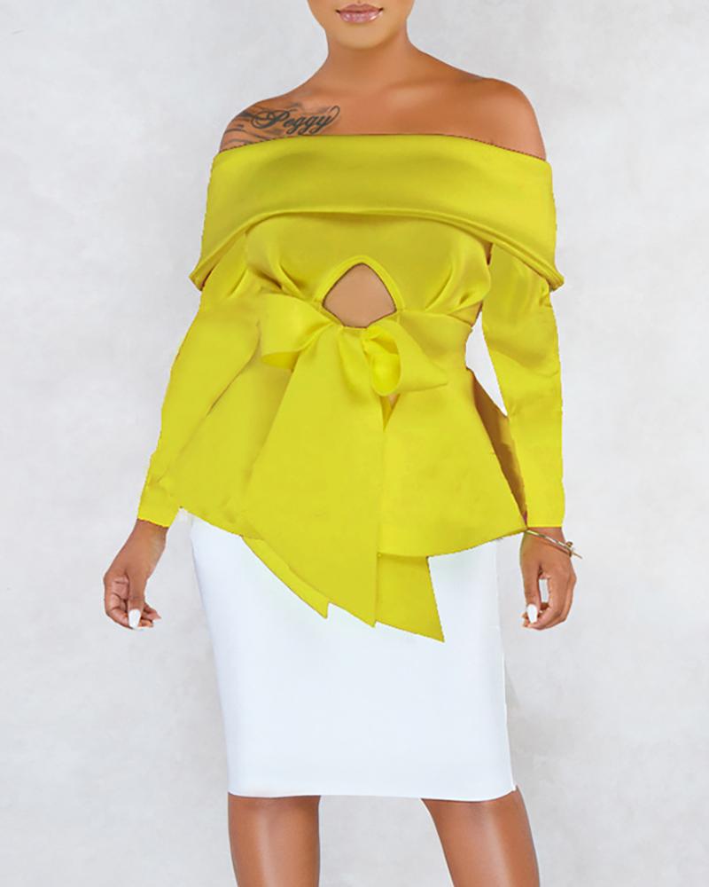 

Off Shoulder Keyhole Bowknot Ruffles Top, Yellow