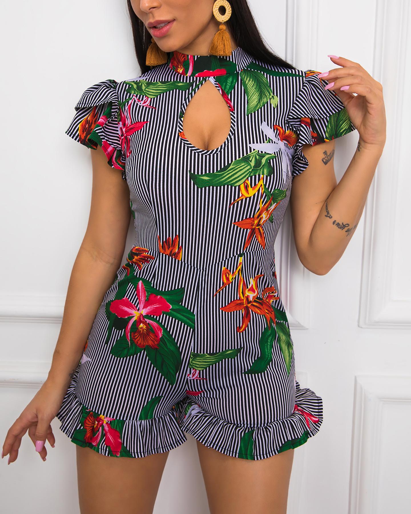 

Striped Floral Print Ruffles Romper, Multicolor