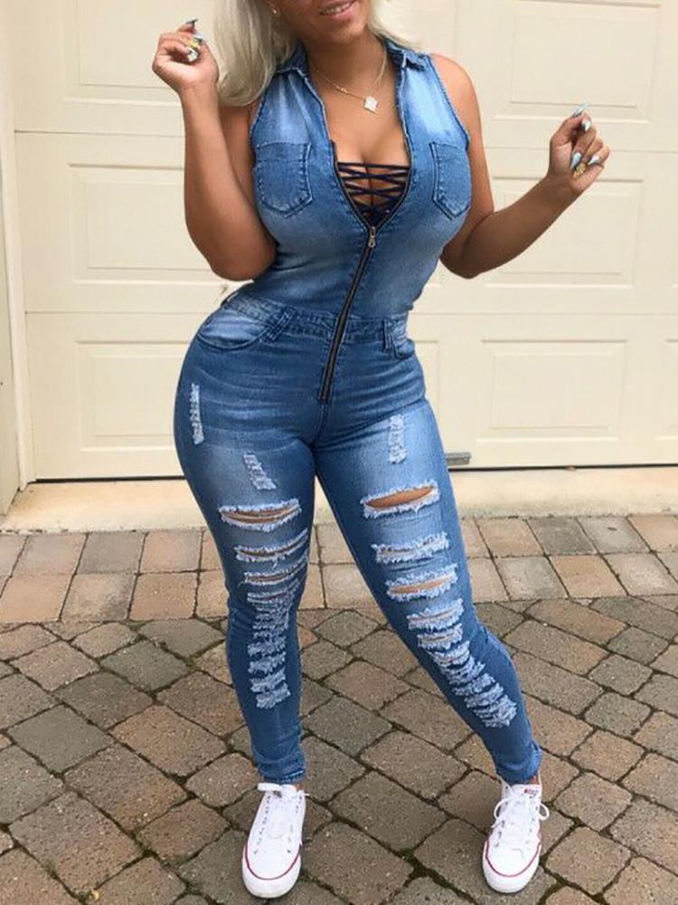 

Skinny Raw Cut Holey Ladder Jumpsuits, Blue