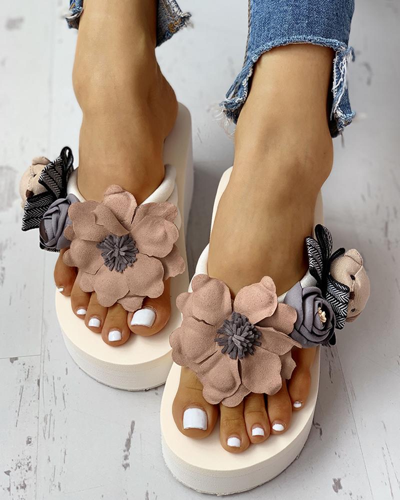 

Flower Embellished Toe Post Wedge Muffin Slipper Sandals, Beige