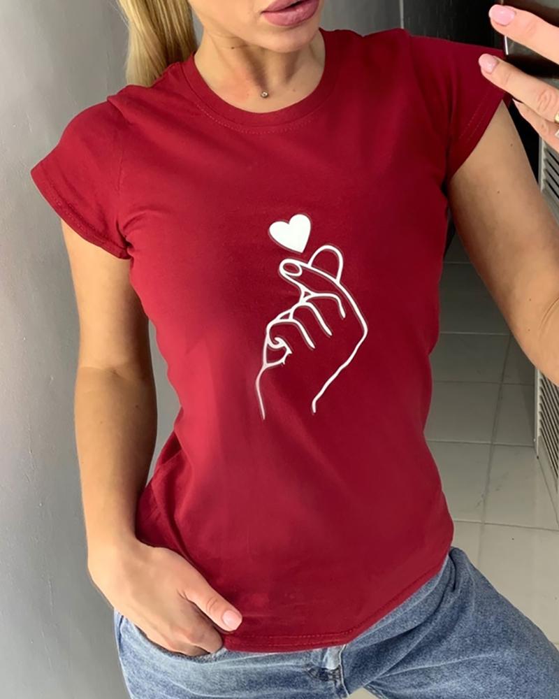 

Round Neck Print Casual T-shirt, Red