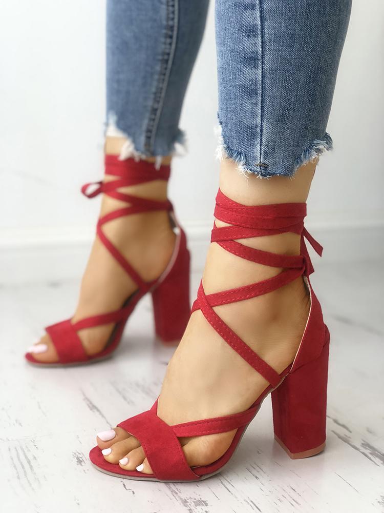 

Solid Strappy Chunky Heeled Sandals, Red