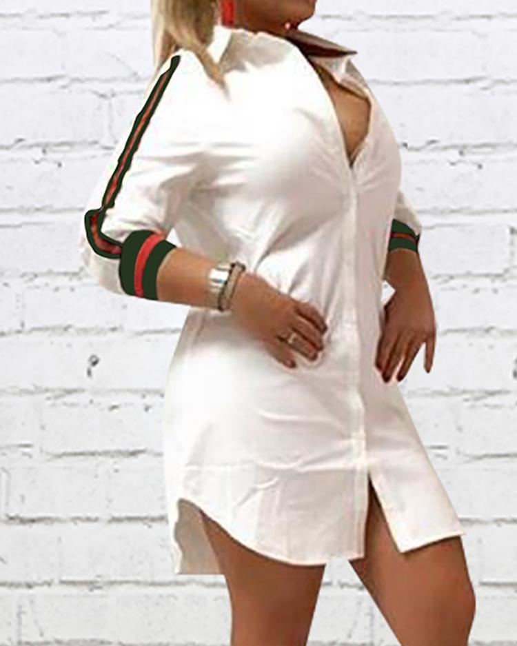 

Stripes Tape Button Up Shirt Dress, White