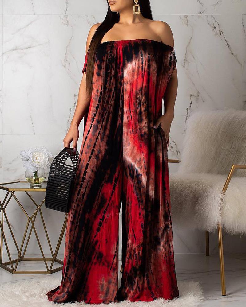 

Tie Dye Off Shoulder Loose Jumpsuit, Red