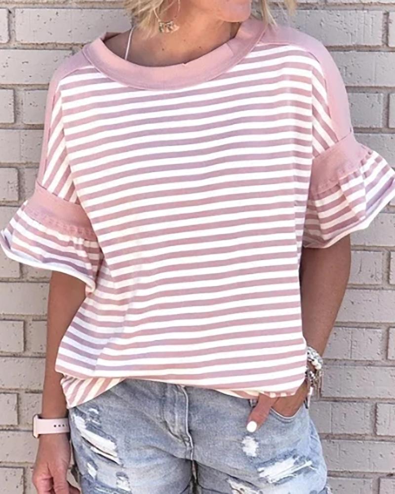 

Striped Ruffles Cuff Casual Blouse, Pink