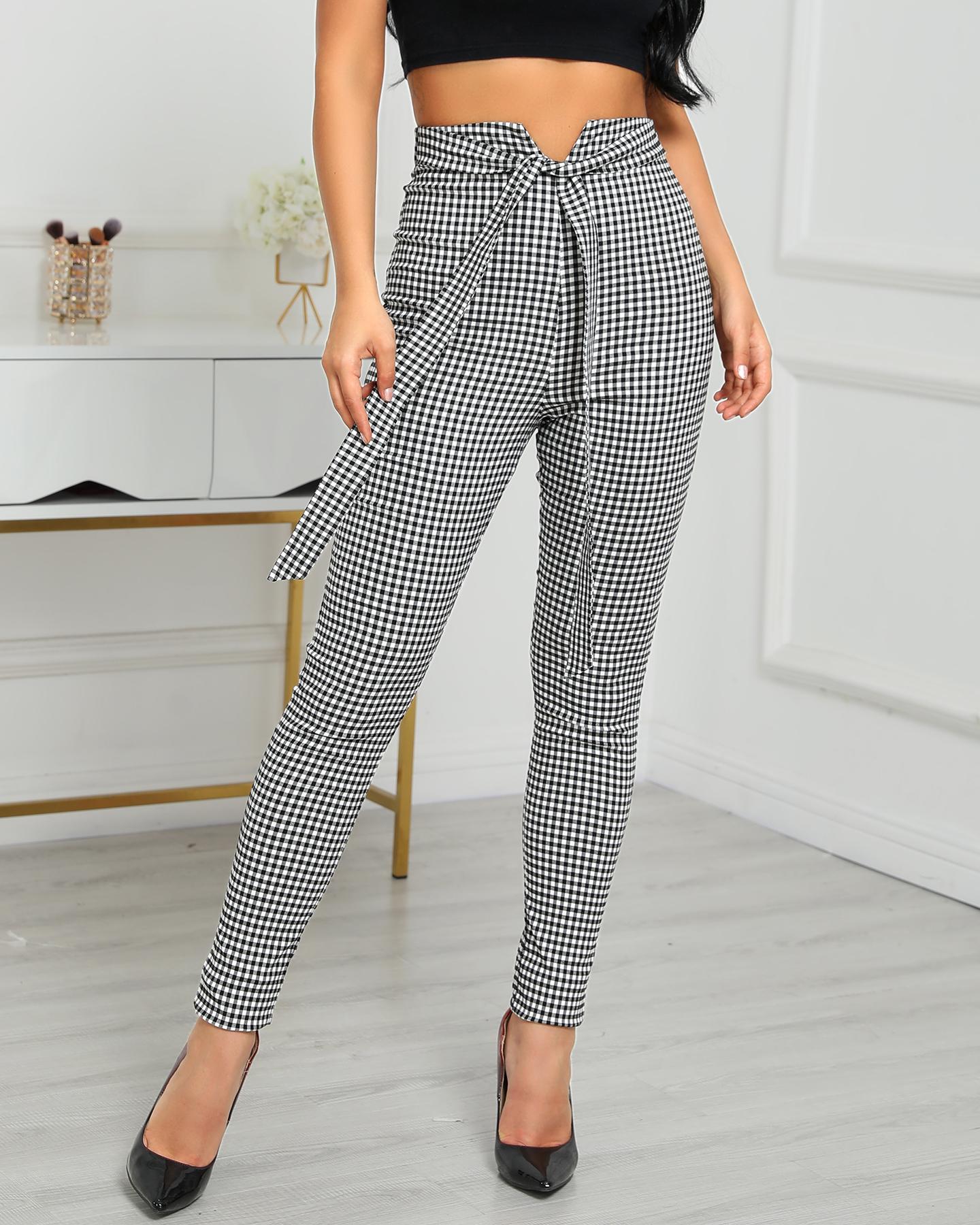 

High Waist Grid Belted Casual Pants, Black