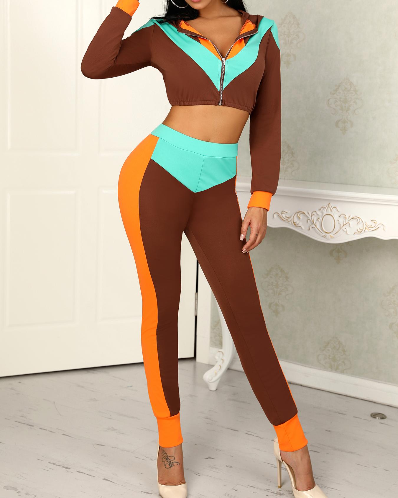 

Contrast Color Splicing Hooded Top & Pant Sets, Coffee