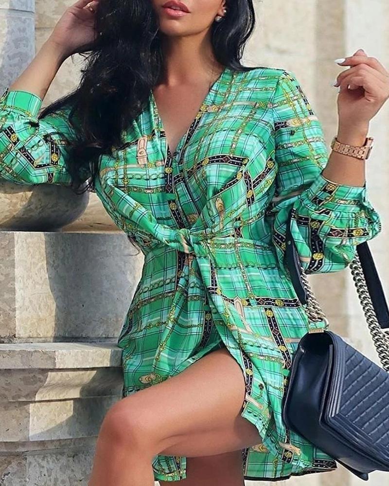 

Grid Chain Print Tie Front Shirt Dress, Green