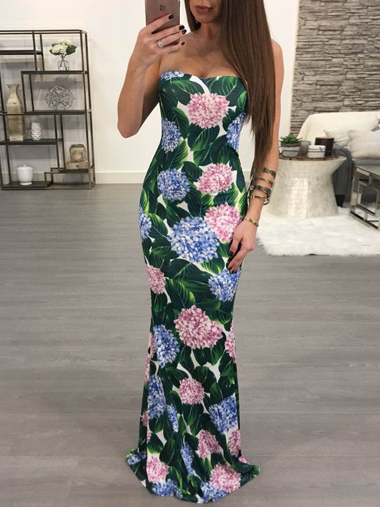 

Fashion Floral Strapless Crisscross Back Maxi Dress, Green