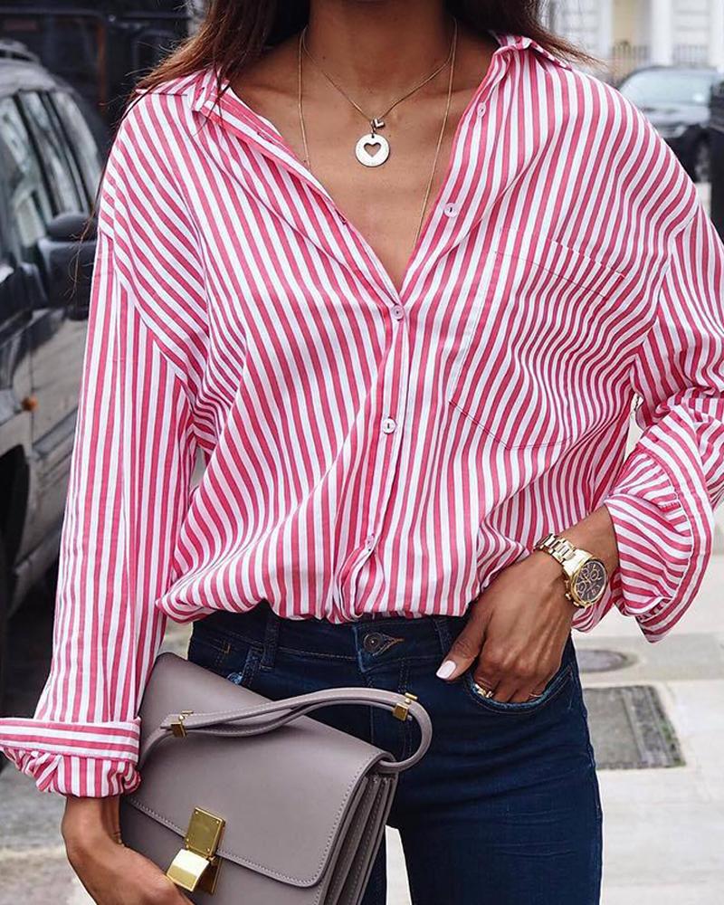 

Turn-down Collar Vertical Pinstripes Buttoned Shirt, Pink