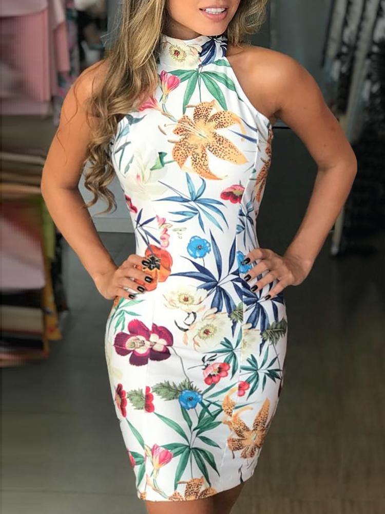

Sleeveless Floral Print Open Back Bodycon Mini Dress, Multicolor