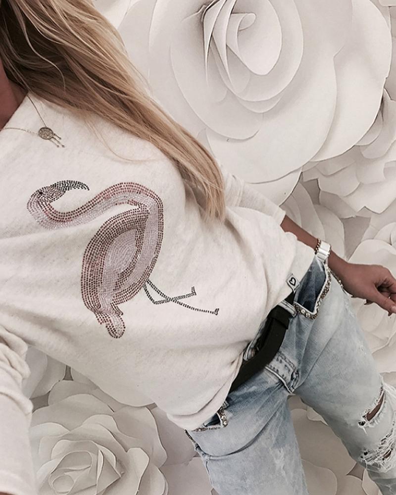 

Flamingo Pattern long Sleeve Casual Blouse, White