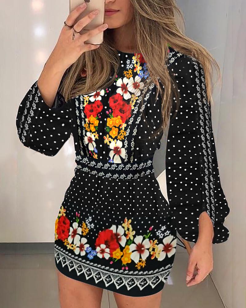 

Floral Print Cutout Back Lantern Sleeve Dress, Multicolor