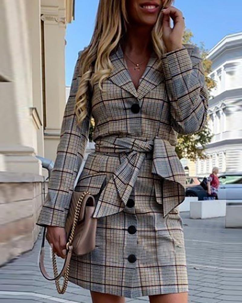 

Grid Single Breasted Blazer Dress, Gray