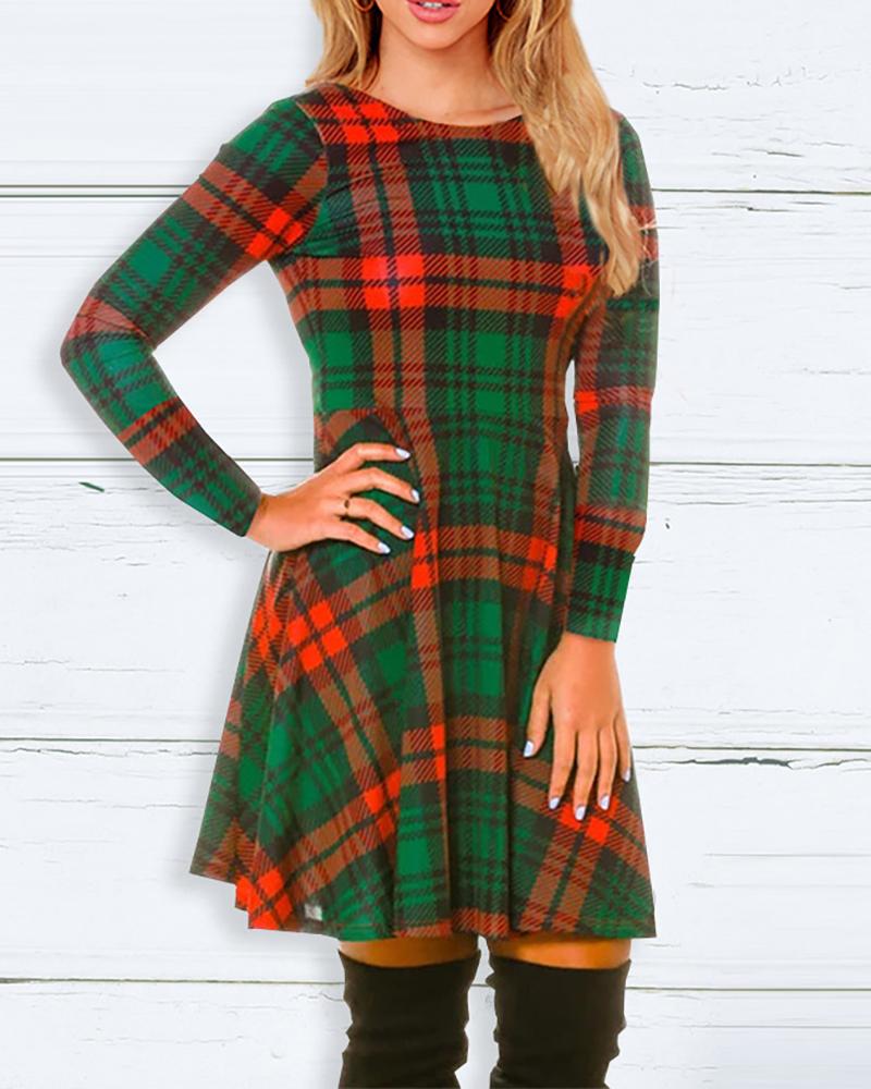 

Christmas Mixed Print Long Sleeve Dress, Green