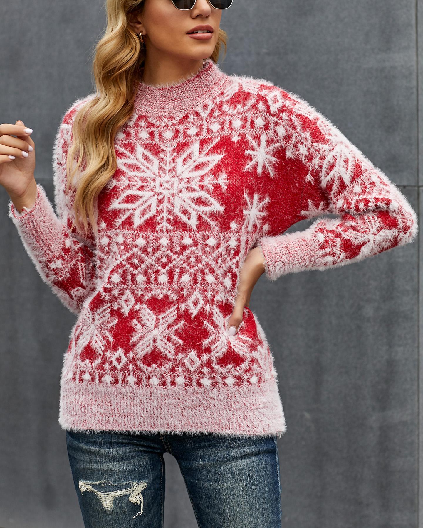 

Christmas Print Fluffy Long Sleeve Sweater, Red