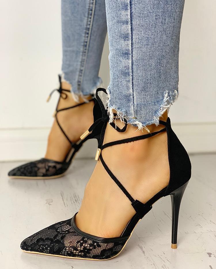 

Lace Hollow Out Lace-Up Thin Heeled Sandals, Black