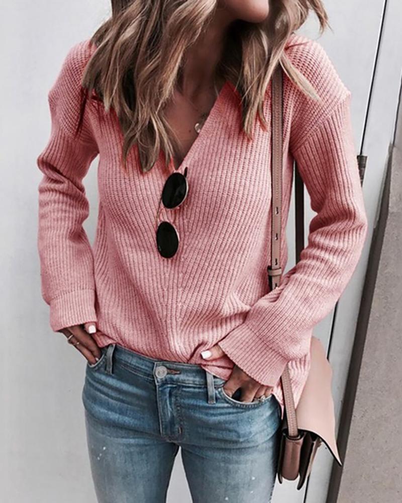 

Solid Long Sleeve V Neck Sweater, Pink