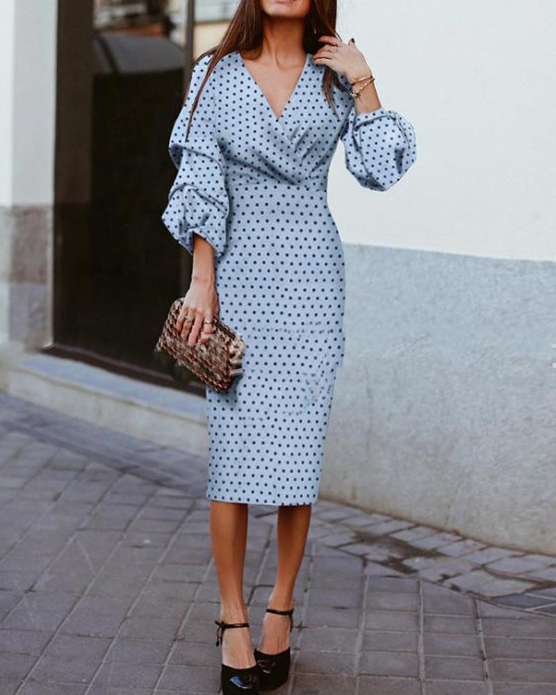 

V Neck Polka Dot Midi Dress, Blue